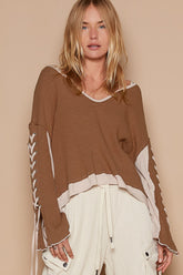 Trendy POL Lace-Up Sleeve Color Block Ribbed Knit Top for Women